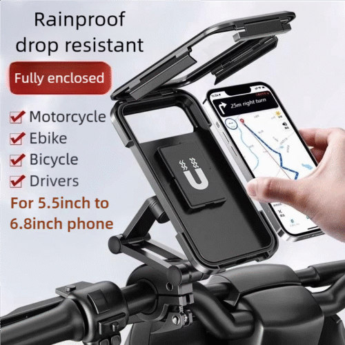 Waterproof Bicycle Motorcycle Phone Holder | 360° Adjustable Shockproof Mount for 5.5-6.8" Phones | Anti-Fall Full Enclosed Case