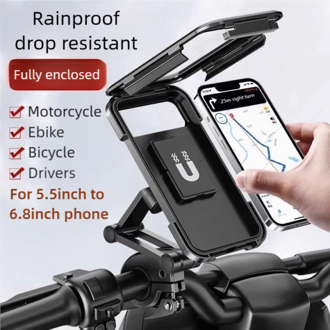 Waterproof Bicycle Motorcycle Phone Holder | 360° Adjustable Shockproof Mount for 5.5-6.8" Phones | Anti-Fall Full Enclosed Case