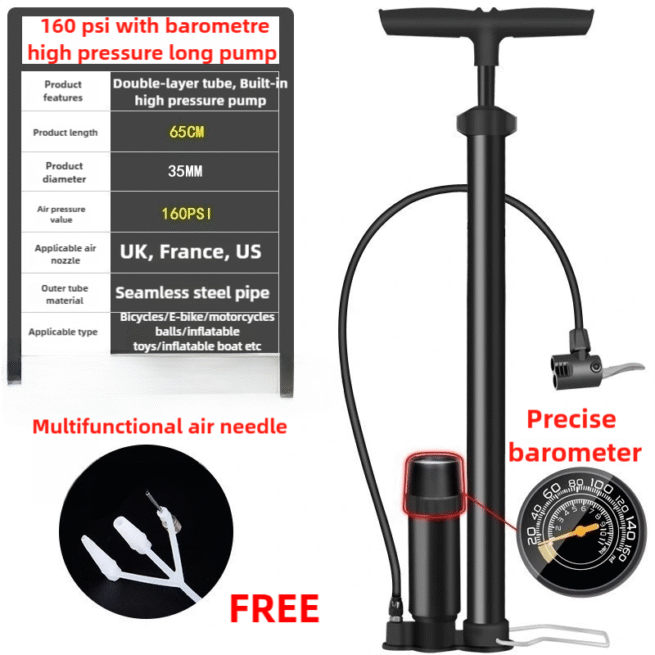 Portable High-Pressure Bike Pump with Barometer, 160 PSI, Durable Stainless Steel Hose, Easy-to-Use Handheld Air Pump for Bicycles, E-Bikes, Motorbikes, Boats - Image 2