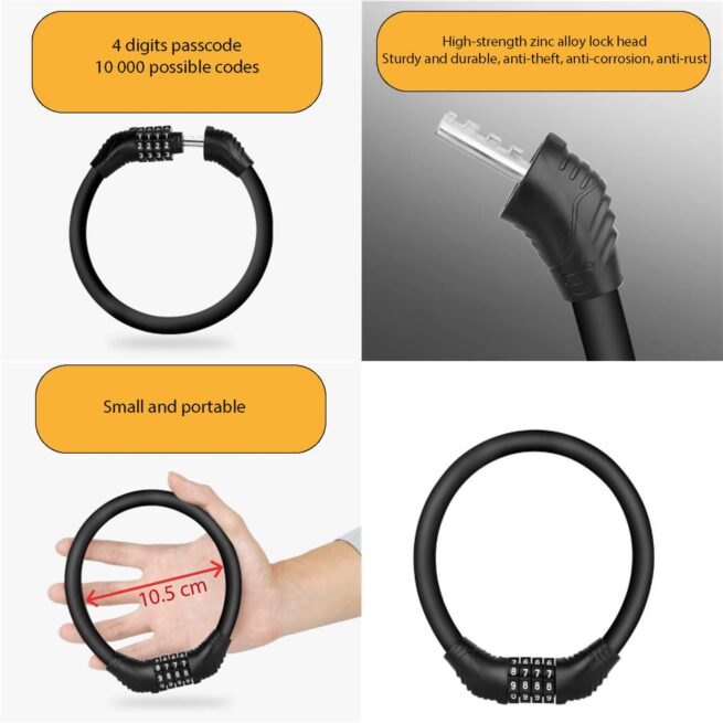 Bike Lock - 4-Digit Combination - Portable Anti-Theft Cycle Cable Lock with PVC Coating - Image 2