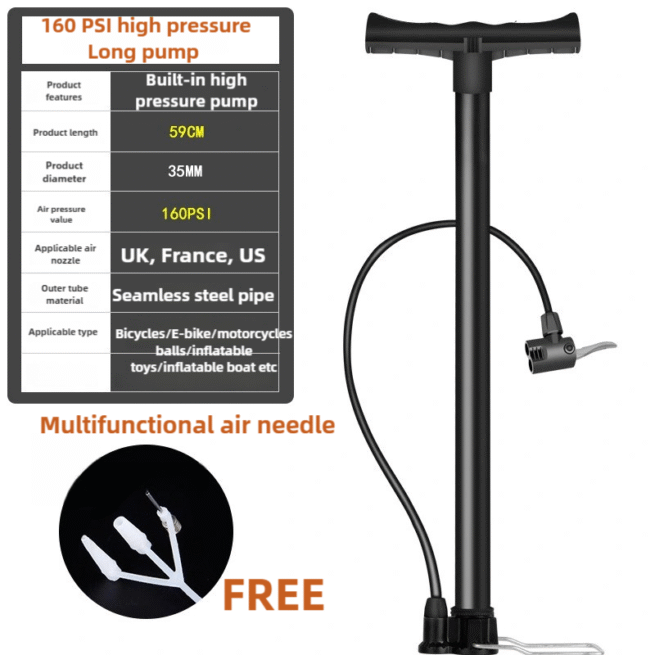 Portable High-Pressure Bike Pump with Barometer, 160 PSI, Durable Stainless Steel Hose, Easy-to-Use Handheld Air Pump for Bicycles, E-Bikes, Motorbikes, Boats - Image 8