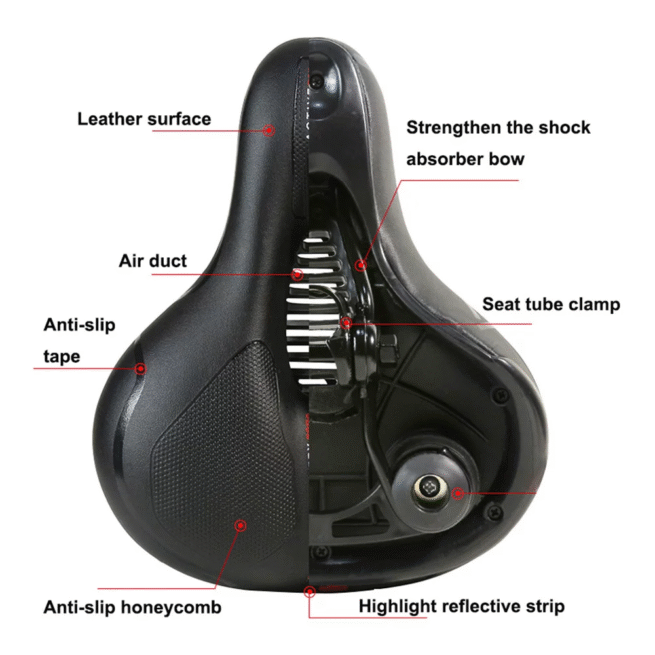 Mobi Ebike Wide Gel Bicycle Seat | Comfortable Memory Foam Cushion | Shock Absorption Ball | Reflective Safety Strip | Universal Pole Clamp | Air Ventilation Duct | Soft Elastic Sponge | Anti-Slip Honeycomb | MTB Road Folding Bike Saddle | Free Wrench - Image 5